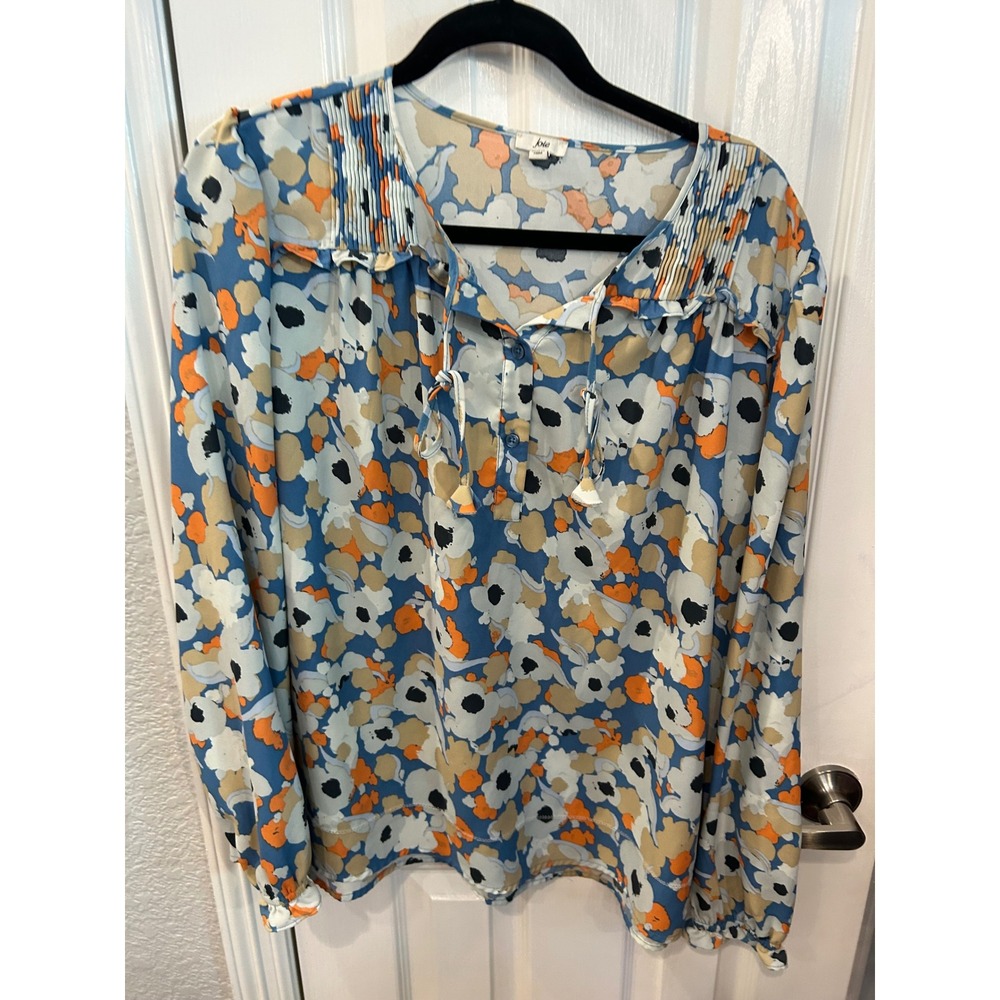 Joie Blouse Blue Orange Floral Pintuck Tassel Tie Long‎ Sleeve Poppy Top L